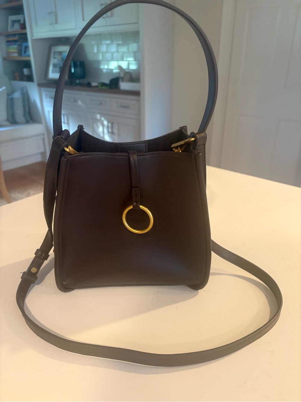 Zara Dark Brown Leather Shoulder Bag with Gold Ring